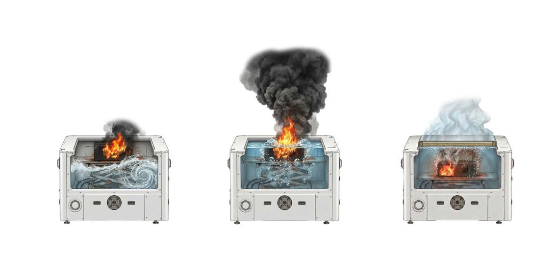 電池異常時冷卻液注入、下沉與防火毯隔離的流程示意